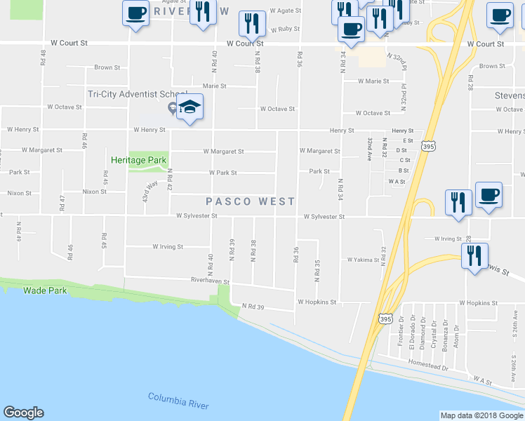 map of restaurants, bars, coffee shops, grocery stores, and more near 3713 West Sylvester Street in Pasco
