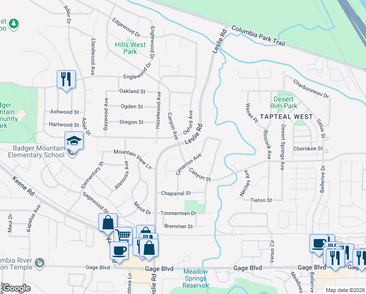map of restaurants, bars, coffee shops, grocery stores, and more near 50 Canyon Street in Richland