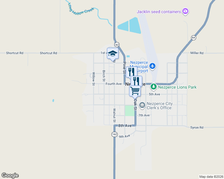 map of restaurants, bars, coffee shops, grocery stores, and more near 402 Walnut Street in Nezperce