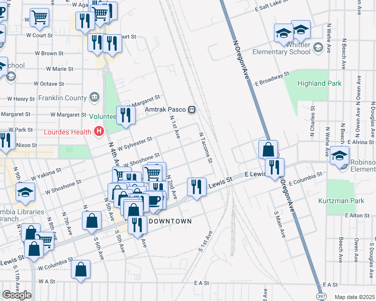 map of restaurants, bars, coffee shops, grocery stores, and more near 132 West Shoshone Street in Pasco