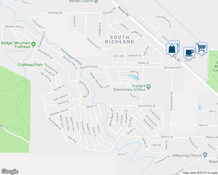 map of restaurants, bars, coffee shops, grocery stores, and more near 1495 Badger Mountain Loop in Richland