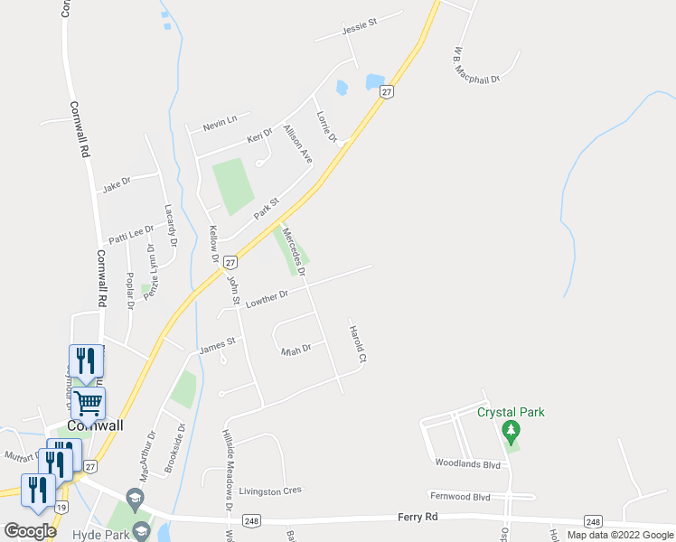 map of restaurants, bars, coffee shops, grocery stores, and more near 59 Lowther Drive in Cornwall