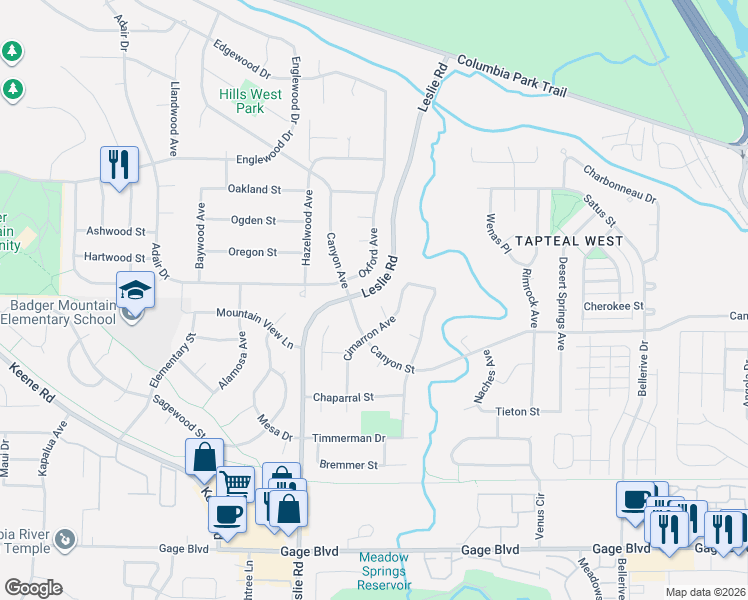map of restaurants, bars, coffee shops, grocery stores, and more near 50 Canyon Street in Richland