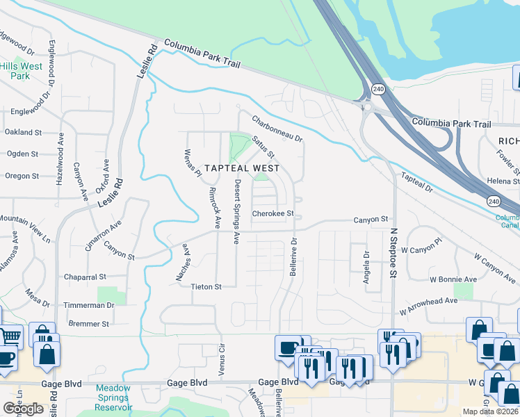 map of restaurants, bars, coffee shops, grocery stores, and more near 544 Cherokee Street in Richland