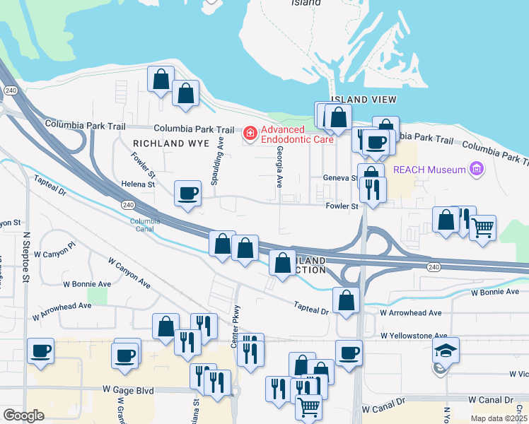 map of restaurants, bars, coffee shops, grocery stores, and more near 1455 Fowler Street in Richland