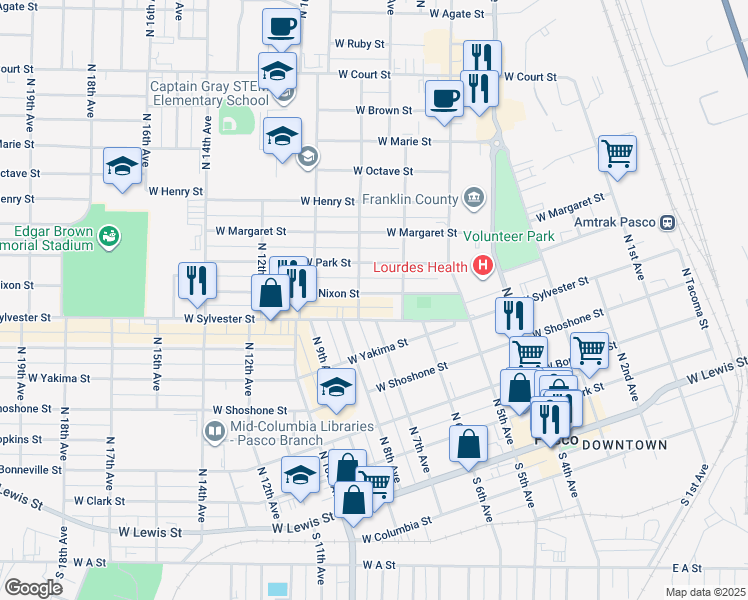 map of restaurants, bars, coffee shops, grocery stores, and more near 824 West Nixon Street in Pasco
