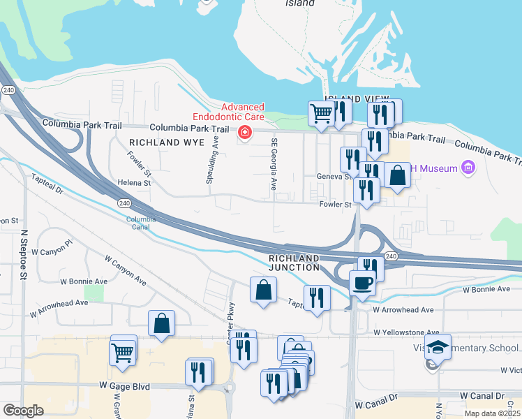map of restaurants, bars, coffee shops, grocery stores, and more near 1455 Fowler Street in Richland