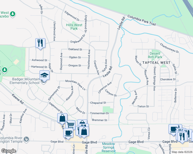 map of restaurants, bars, coffee shops, grocery stores, and more near 1503 Leslie Road in Richland