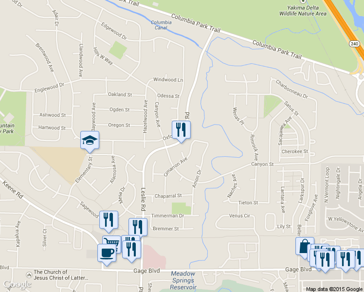 map of restaurants, bars, coffee shops, grocery stores, and more near 1433 Cimarron Place in Richland