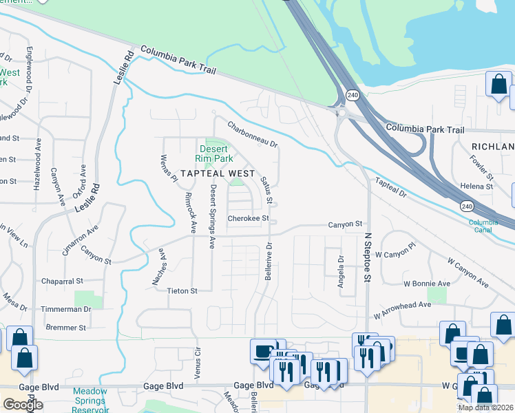 map of restaurants, bars, coffee shops, grocery stores, and more near 557 Satus Street in Richland