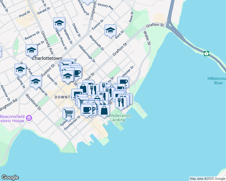 map of restaurants, bars, coffee shops, grocery stores, and more near 185 King Street in Charlottetown