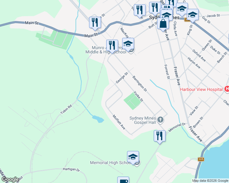 map of restaurants, bars, coffee shops, grocery stores, and more near 68 Macdonald Crescent in Sydney Mines