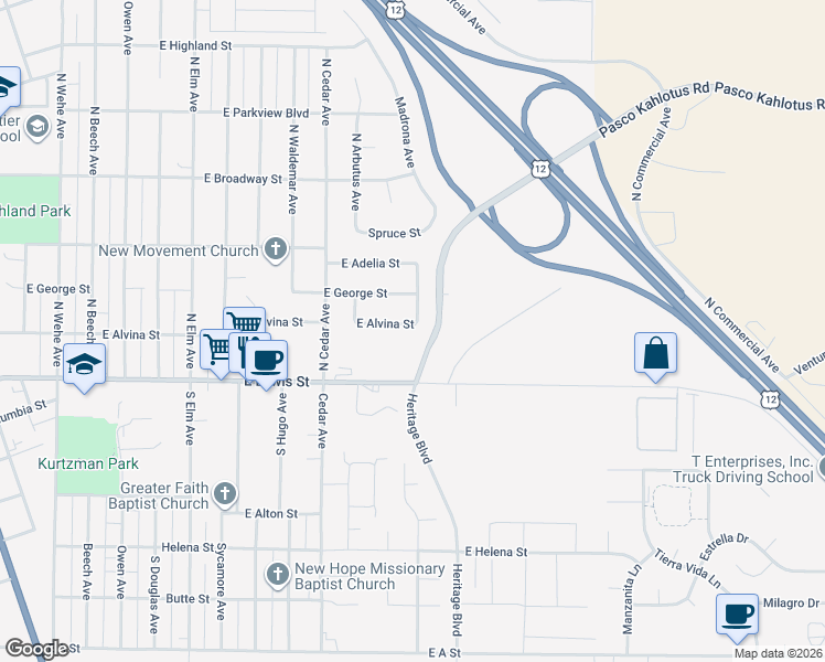 map of restaurants, bars, coffee shops, grocery stores, and more near 2608 East Alvina Street in Pasco