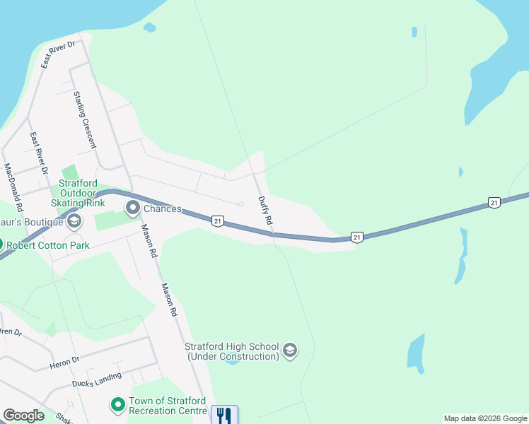 map of restaurants, bars, coffee shops, grocery stores, and more near 105 Duffy Road in Stratford