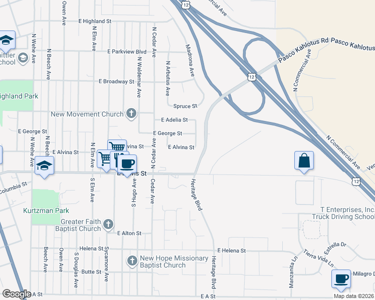map of restaurants, bars, coffee shops, grocery stores, and more near 2608 East Alvina Street in Pasco