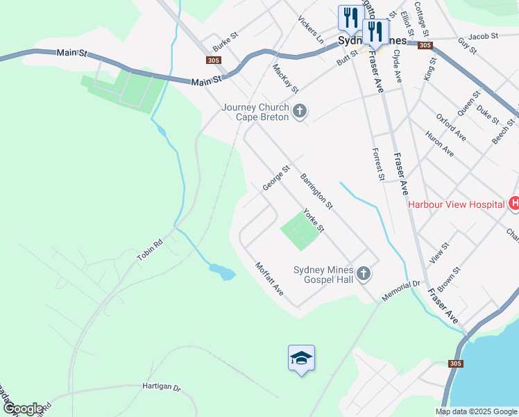 map of restaurants, bars, coffee shops, grocery stores, and more near 68 Macdonald Crescent in Sydney Mines