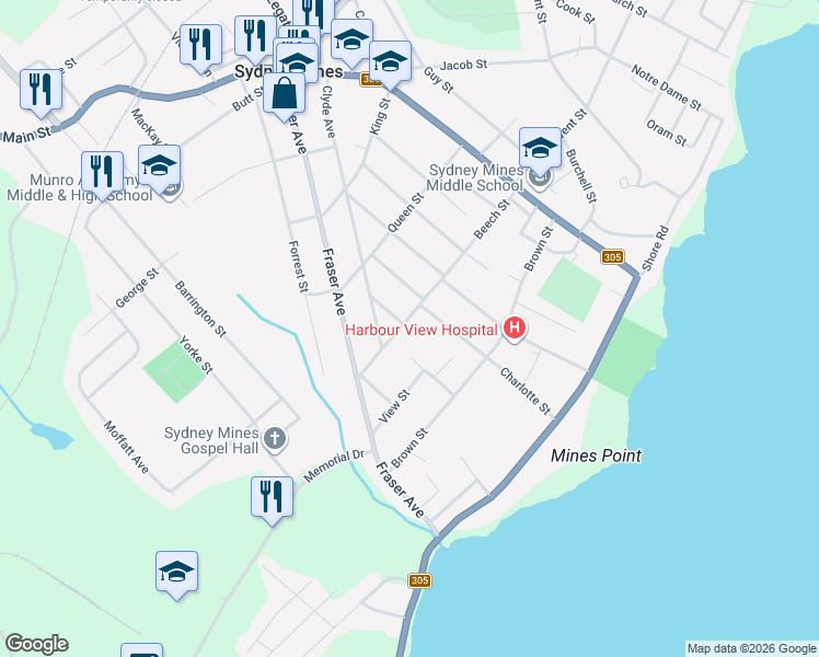 map of restaurants, bars, coffee shops, grocery stores, and more near 41 Beech Street in Sydney Mines