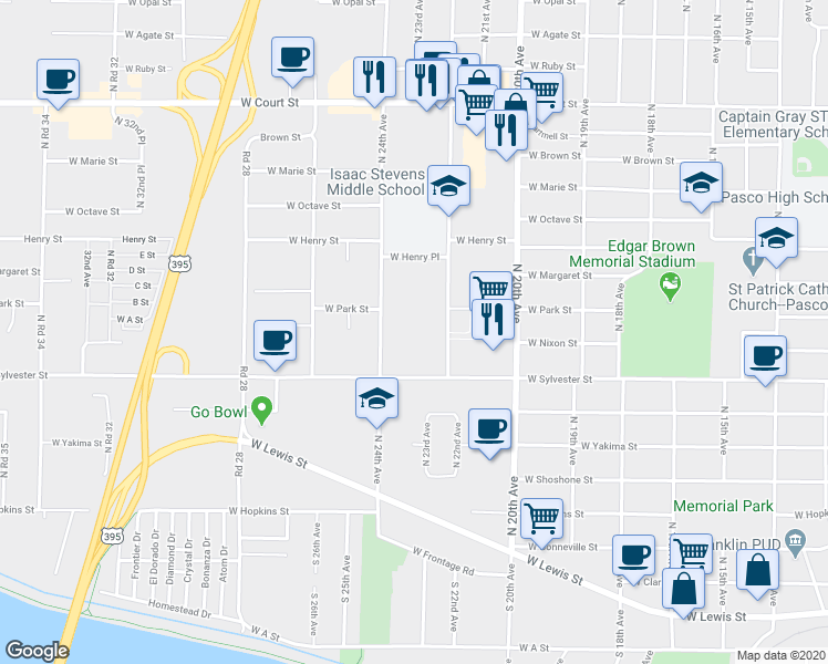 map of restaurants, bars, coffee shops, grocery stores, and more near 715 North 24th Avenue in Pasco
