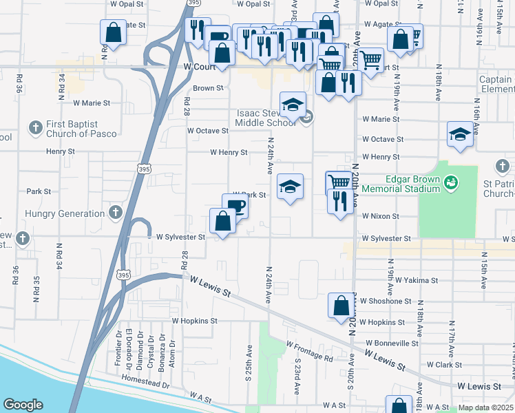 map of restaurants, bars, coffee shops, grocery stores, and more near 2420 West Park Street in Pasco