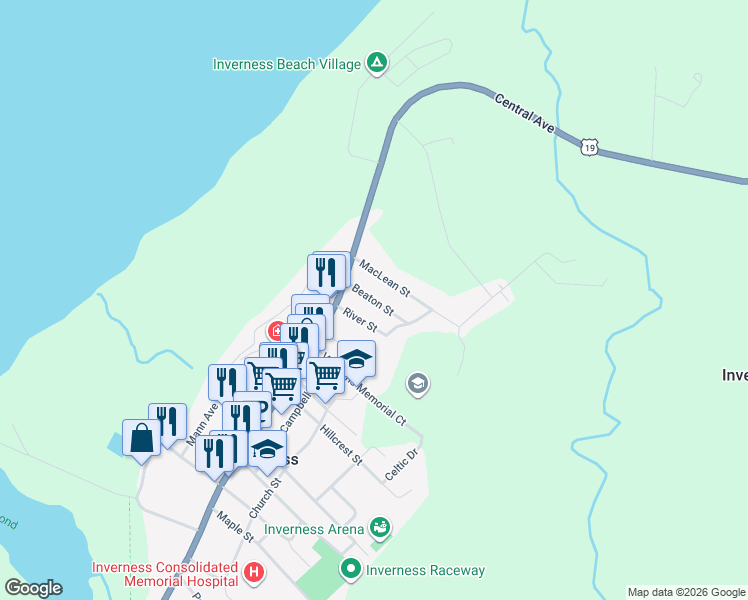 map of restaurants, bars, coffee shops, grocery stores, and more near 34 Maclean Street in Inverness