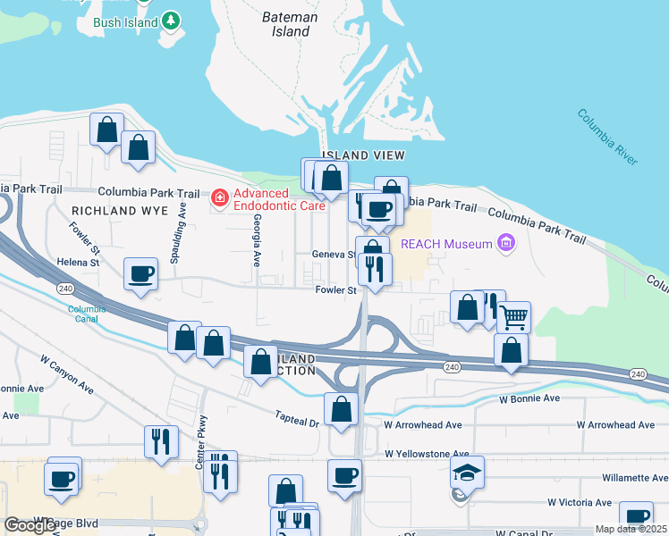 map of restaurants, bars, coffee shops, grocery stores, and more near 1624-1658 Geneva Street in Richland