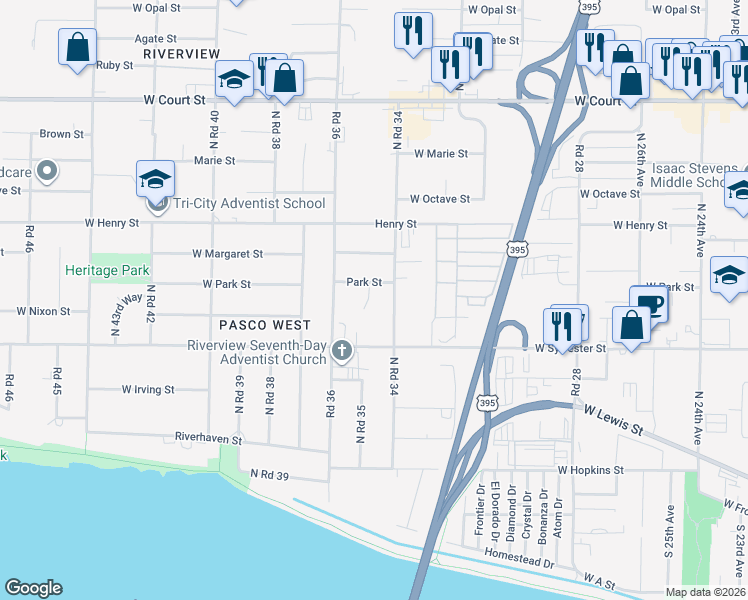 map of restaurants, bars, coffee shops, grocery stores, and more near 812 North Road 35 in Pasco