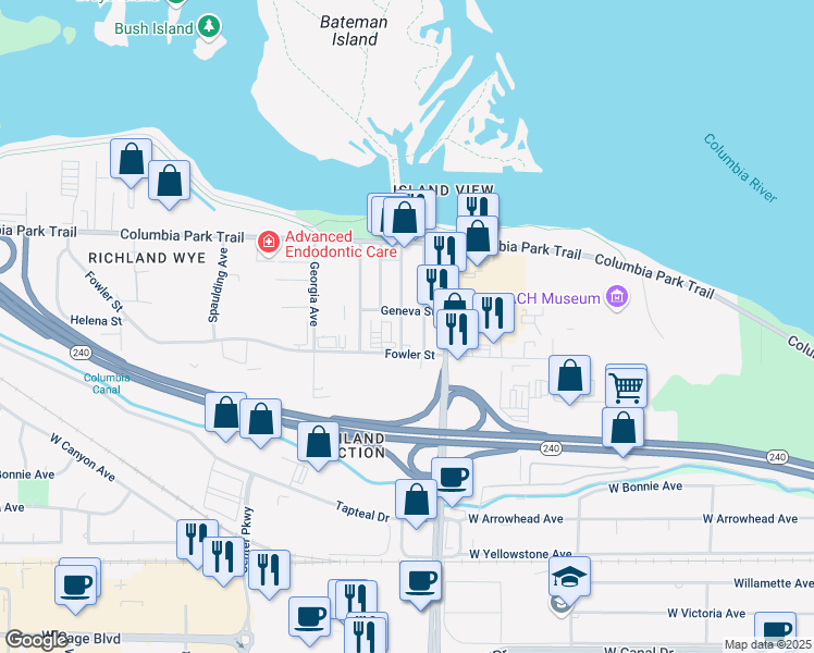 map of restaurants, bars, coffee shops, grocery stores, and more near 1624-1658 Geneva Street in Richland