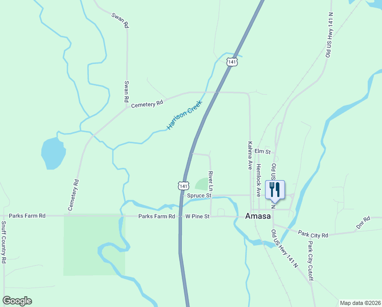 map of restaurants, bars, coffee shops, grocery stores, and more near U.S. 141 in Amasa