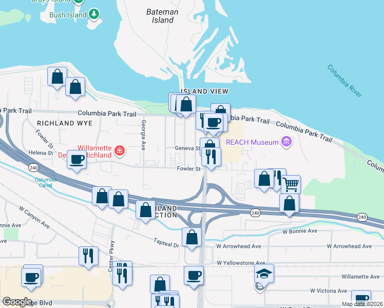 map of restaurants, bars, coffee shops, grocery stores, and more near 1624-1658 Geneva Street in Richland