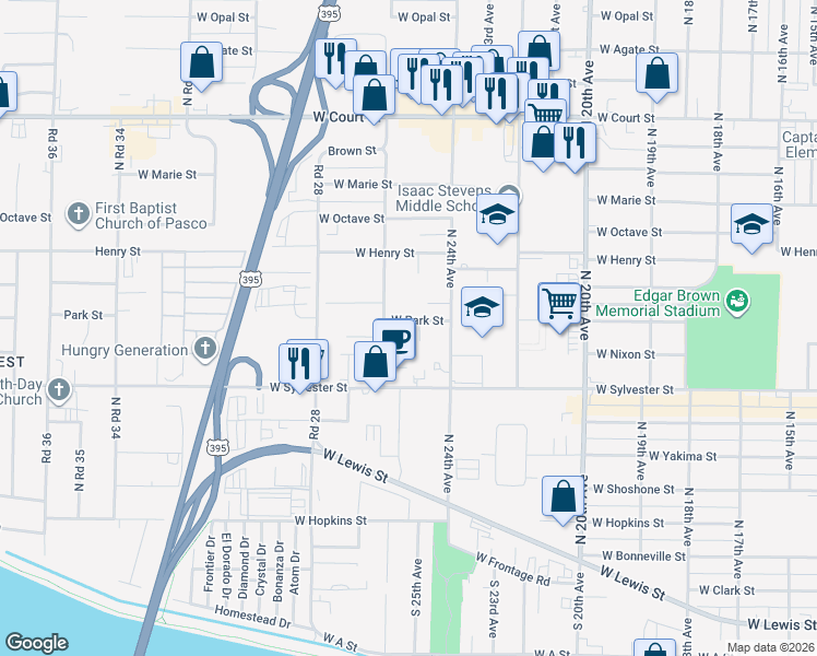 map of restaurants, bars, coffee shops, grocery stores, and more near 720 North 25th Court in Pasco