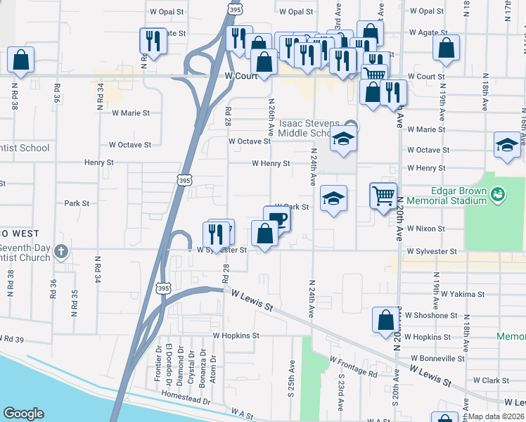 map of restaurants, bars, coffee shops, grocery stores, and more near 2603 West Nixon Street in Pasco
