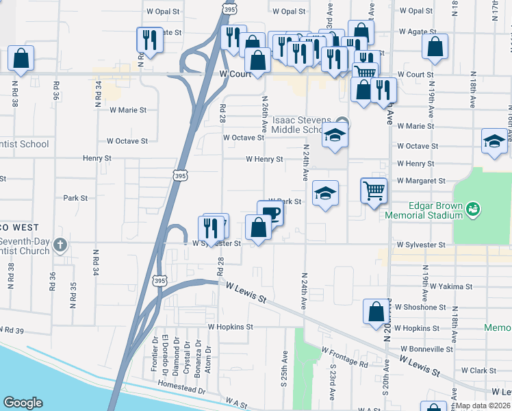 map of restaurants, bars, coffee shops, grocery stores, and more near 2603 West Nixon Street in Pasco