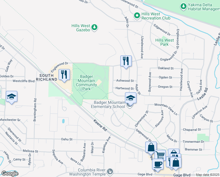 map of restaurants, bars, coffee shops, grocery stores, and more near 1419 Brookwood Avenue in Richland