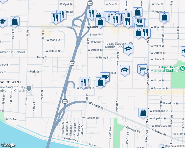 map of restaurants, bars, coffee shops, grocery stores, and more near 2707 West Nixon Street in Pasco