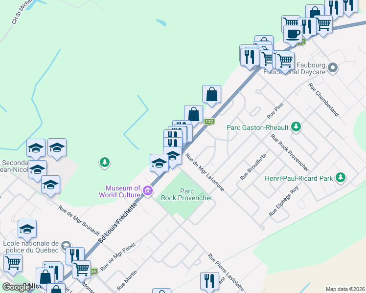 map of restaurants, bars, coffee shops, grocery stores, and more near 1363 Boulevard Louis Fréchette in Nicolet