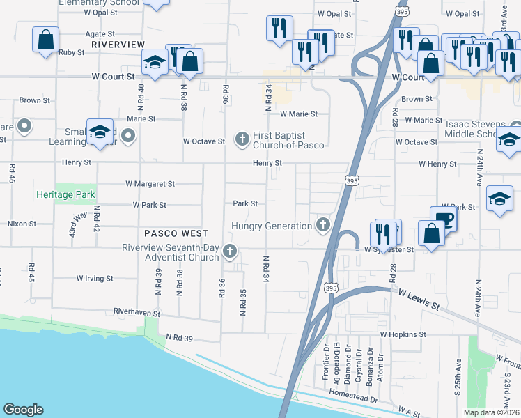 map of restaurants, bars, coffee shops, grocery stores, and more near 3404 Park Street in Pasco