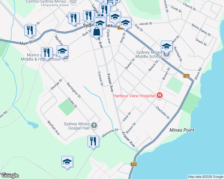 map of restaurants, bars, coffee shops, grocery stores, and more near Fraser Avenue in Sydney Mines