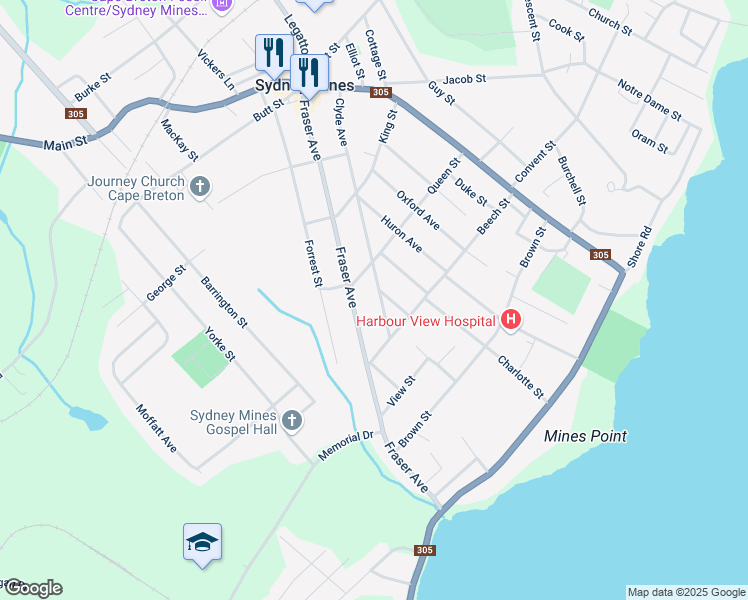 map of restaurants, bars, coffee shops, grocery stores, and more near 3 Cambridge Avenue in Sydney Mines