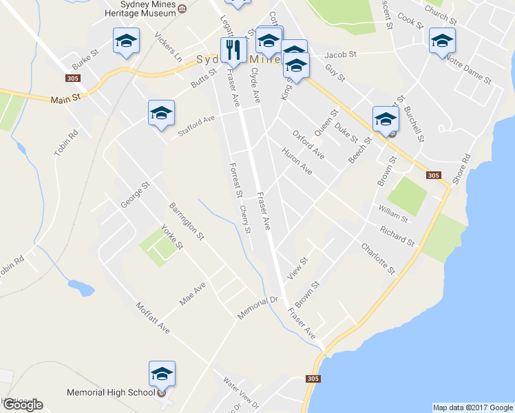 map of restaurants, bars, coffee shops, grocery stores, and more near 78 Fraser Avenue in Sydney Mines