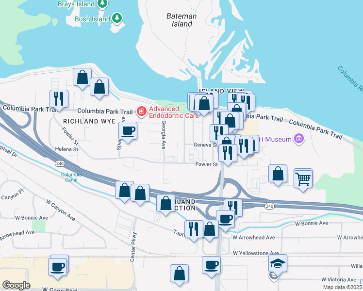 map of restaurants, bars, coffee shops, grocery stores, and more near 1405 Florida Avenue in Richland
