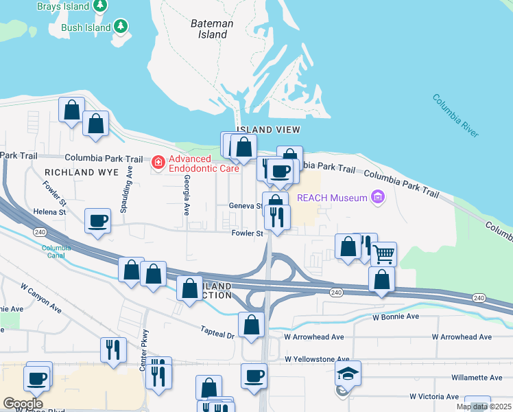 map of restaurants, bars, coffee shops, grocery stores, and more near 1658 Geneva Street in Richland