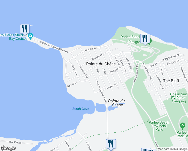 map of restaurants, bars, coffee shops, grocery stores, and more near 175 Pointe Du Chêne Road in Shediac