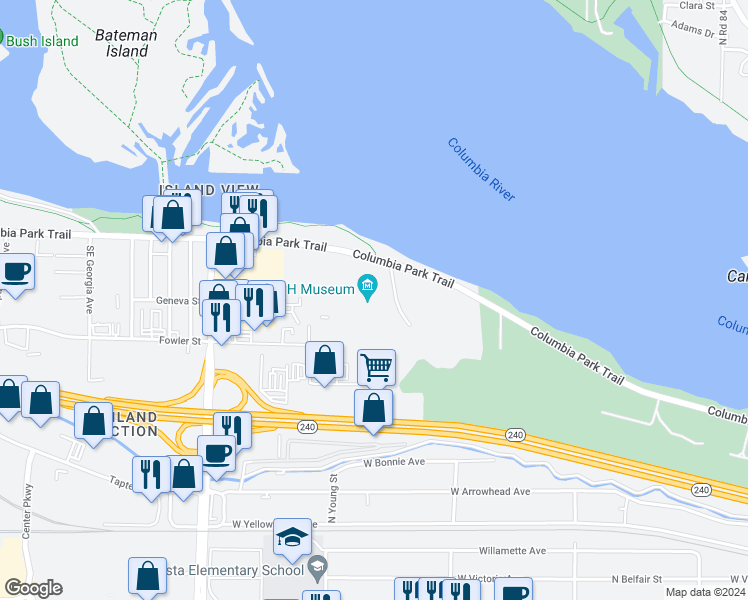 map of restaurants, bars, coffee shops, grocery stores, and more near 1943 Columbia Park Trail in Richland