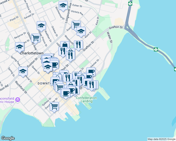 map of restaurants, bars, coffee shops, grocery stores, and more near 204 Dorchester Street in Charlottetown