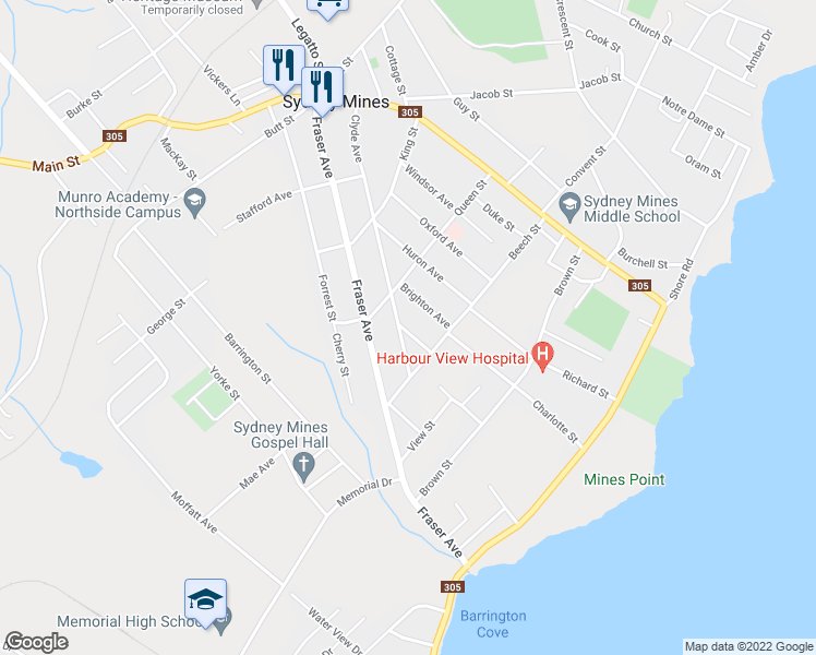 map of restaurants, bars, coffee shops, grocery stores, and more near 3 Cambridge Avenue in Sydney Mines