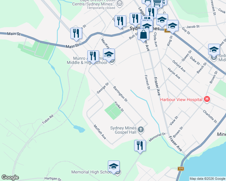map of restaurants, bars, coffee shops, grocery stores, and more near 32 Barrington Street in Sydney Mines