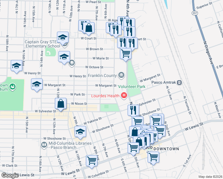 map of restaurants, bars, coffee shops, grocery stores, and more near 910 N 5th Ave in Pasco