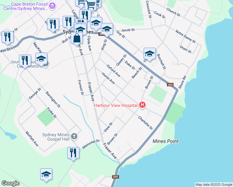 map of restaurants, bars, coffee shops, grocery stores, and more near 34 Beech Street in Sydney Mines