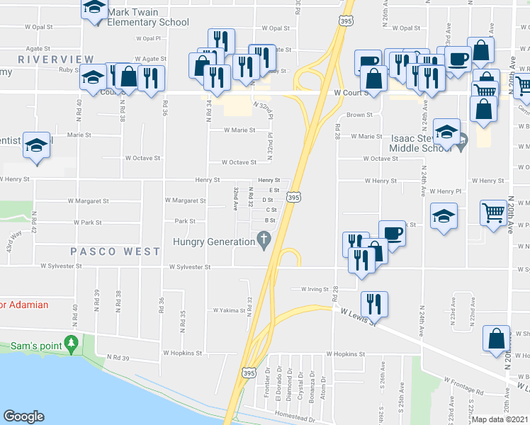 map of restaurants, bars, coffee shops, grocery stores, and more near 700 North Road 32 in Pasco