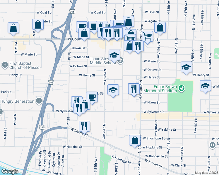 map of restaurants, bars, coffee shops, grocery stores, and more near 1001 24th Avenue in Pasco